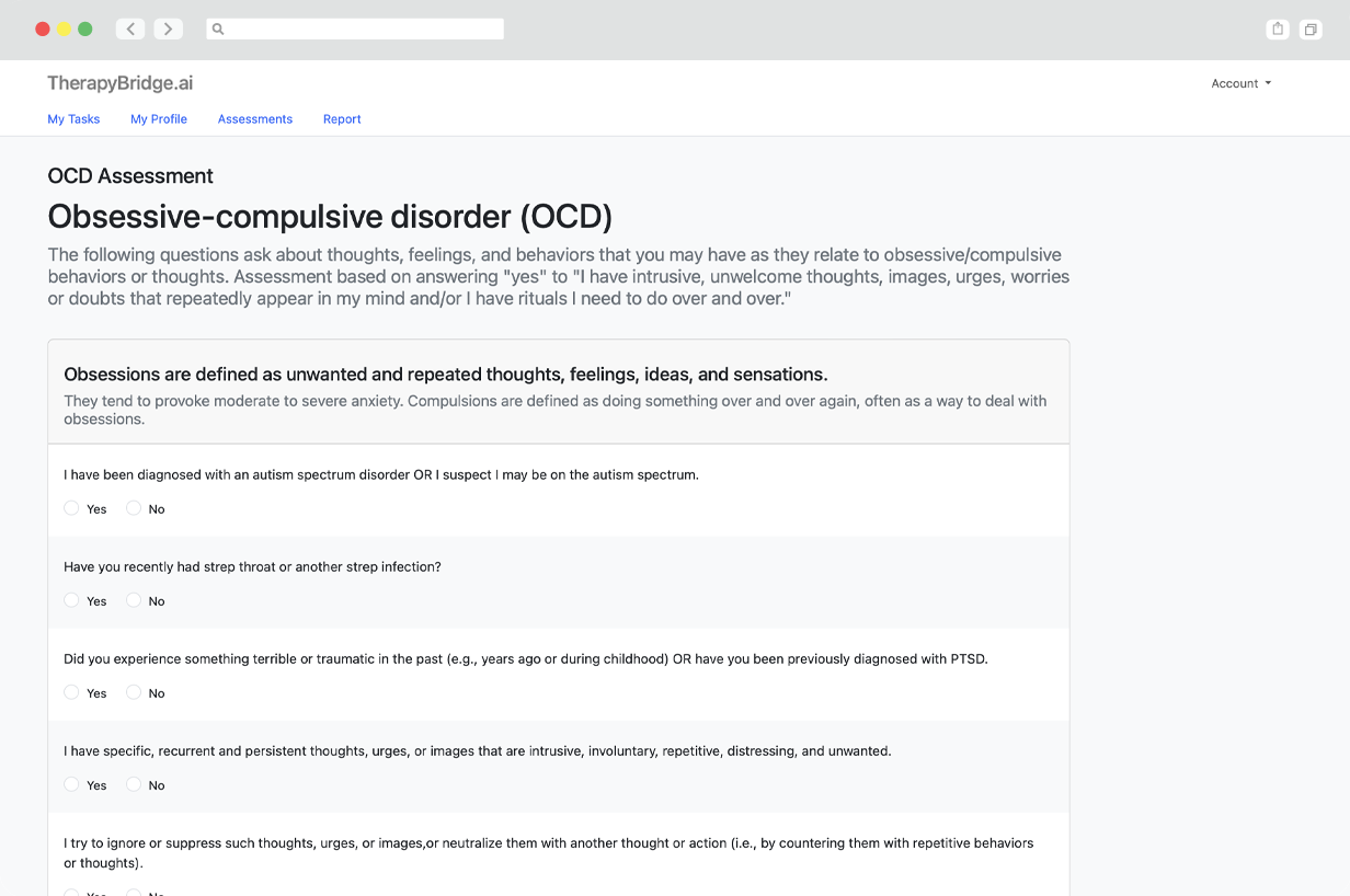 Illustration of web browser with yes and no questions of an OCD Assessment.